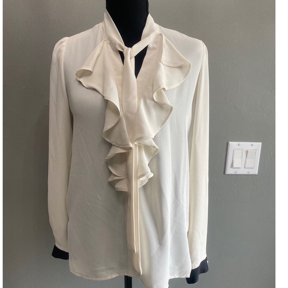 Zara Basic Collection Off White Ruffle Tie Neck Blouse Black Contrast Cuff Small